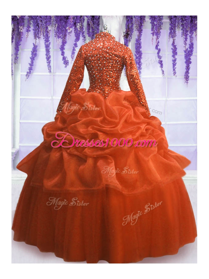 Artistic Orange Red Long Sleeves Sequins and Pick Ups Floor Length Quinceanera Dress