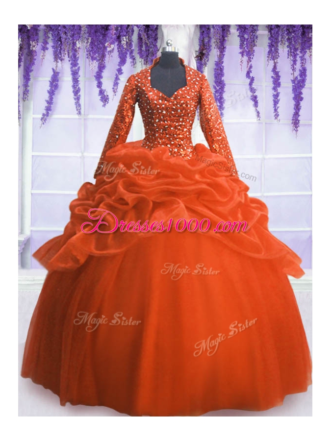 Artistic Orange Red Long Sleeves Sequins and Pick Ups Floor Length Quinceanera Dress
