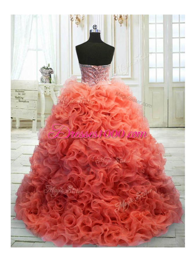 Charming Coral Red Sweetheart Lace Up Beading and Ruffles 15 Quinceanera Dress Sweep Train Sleeveless