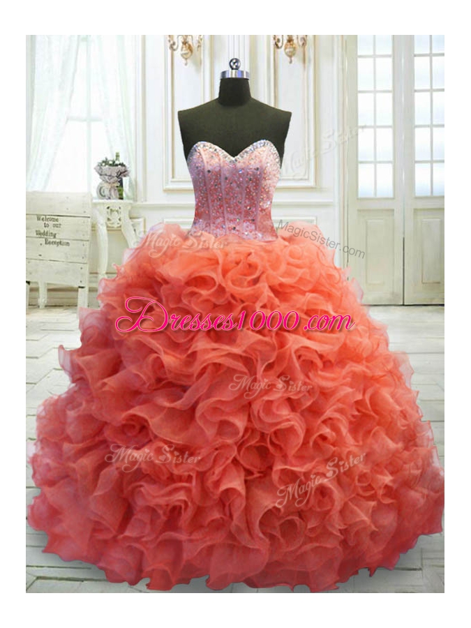 Charming Coral Red Sweetheart Lace Up Beading and Ruffles 15 Quinceanera Dress Sweep Train Sleeveless