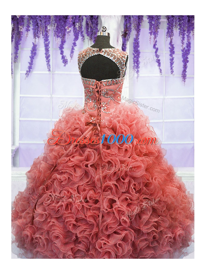 Coral Red Sweet 16 Quinceanera Dress Military Ball and Sweet 16 and Quinceanera and For with Beading and Ruffles Scoop Sleeveless Lace Up