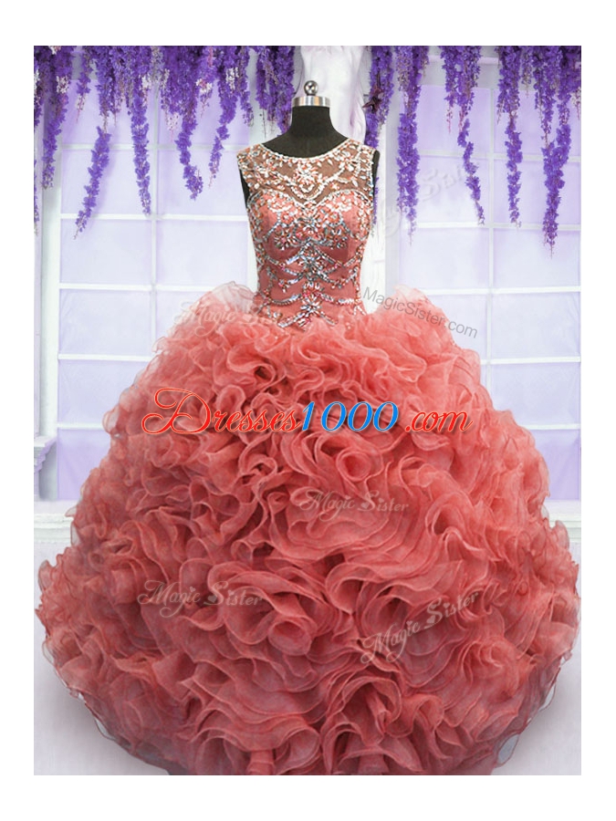 Coral Red Sweet 16 Quinceanera Dress Military Ball and Sweet 16 and Quinceanera and For with Beading and Ruffles Scoop Sleeveless Lace Up