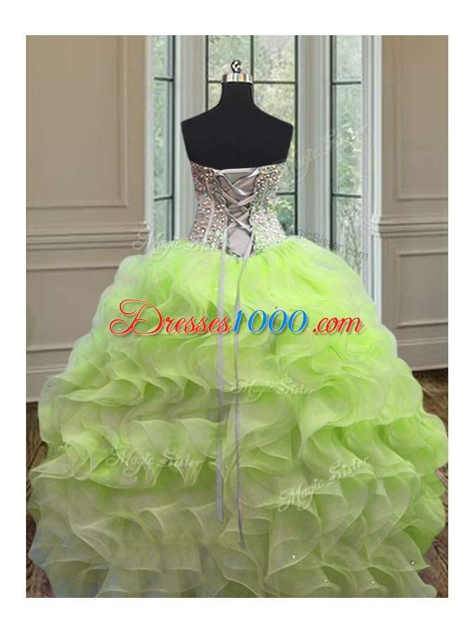 Edgy Yellow Green Sleeveless Floor Length Beading and Ruffles Lace Up Quinceanera Dresses