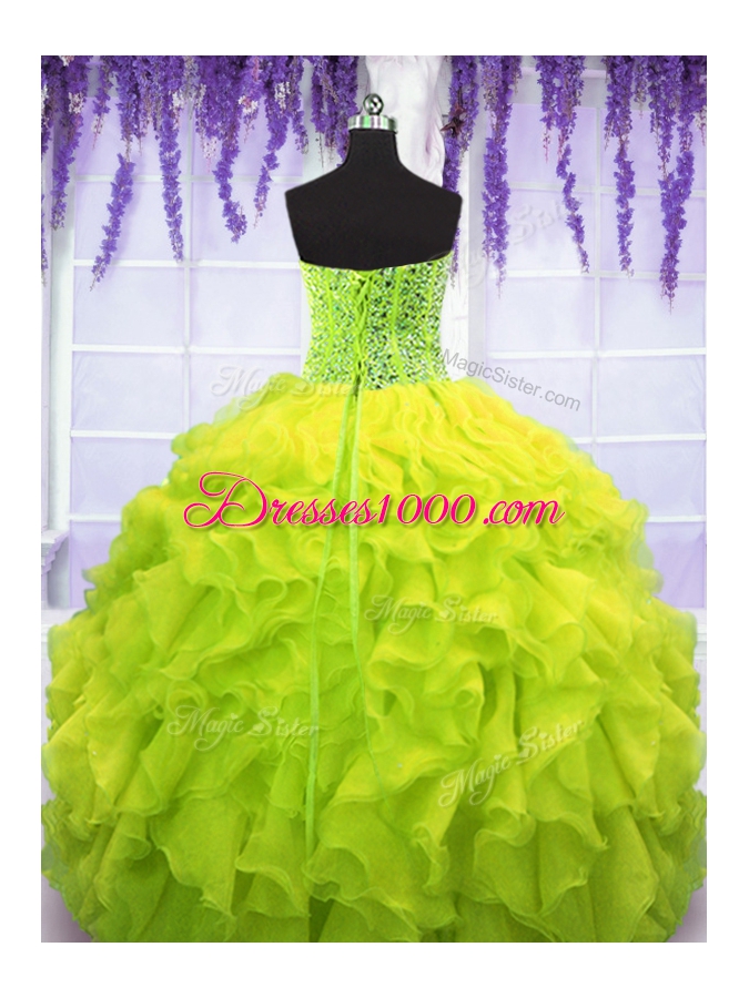 Fantastic Yellow Green Organza Lace Up Sweetheart Sleeveless Floor Length 15th Birthday Dress Beading and Ruffles