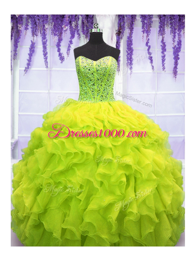 Fantastic Yellow Green Organza Lace Up Sweetheart Sleeveless Floor Length 15th Birthday Dress Beading and Ruffles