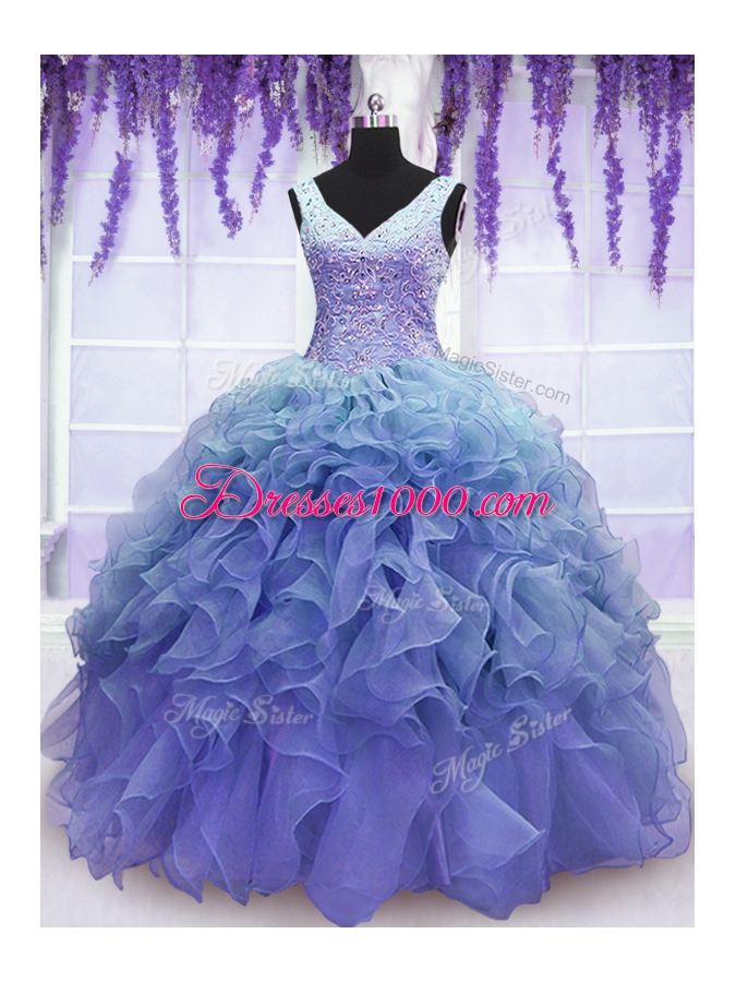 Fine Purple V-neck Lace Up Beading and Embroidery and Ruffles Sweet 16 Dresses Sleeveless