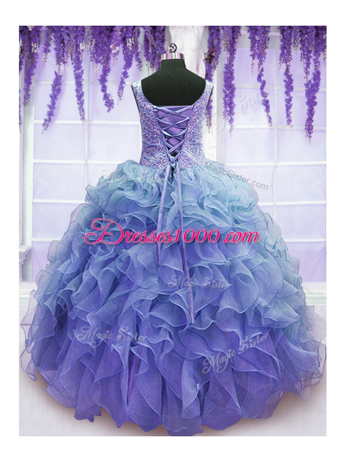 Fine Purple V-neck Lace Up Beading and Embroidery and Ruffles Sweet 16 Dresses Sleeveless
