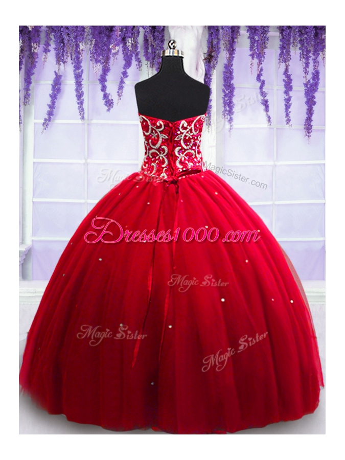 Fine Red Ball Gowns Sweetheart Sleeveless Tulle Floor Length Lace Up Beading Sweet 16 Quinceanera Dress