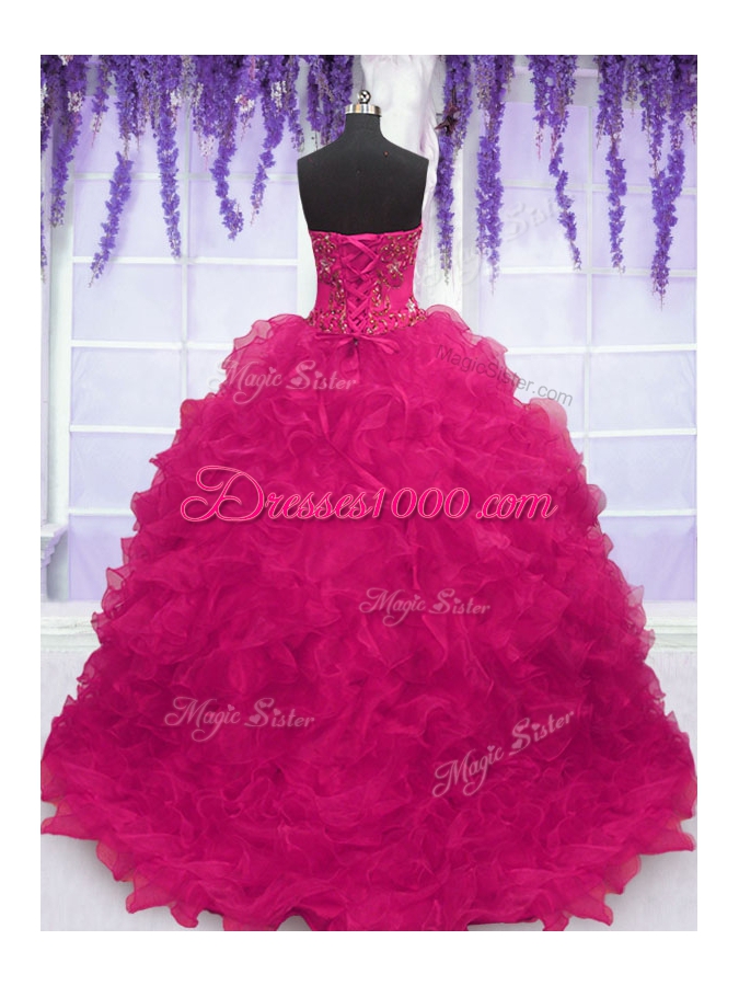 Fuchsia Strapless Neckline Beading and Ruffles Quinceanera Gown Sleeveless Lace Up