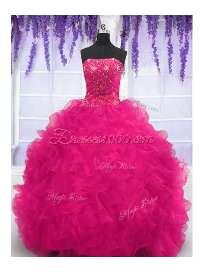 Fuchsia Strapless Neckline Beading and Ruffles Quinceanera Gown Sleeveless Lace Up