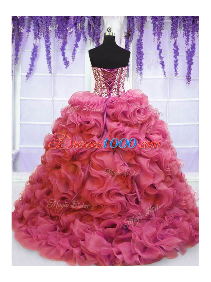 Glamorous Pink Sweetheart Neckline Beading and Ruffles Quinceanera Gowns Sleeveless Lace Up