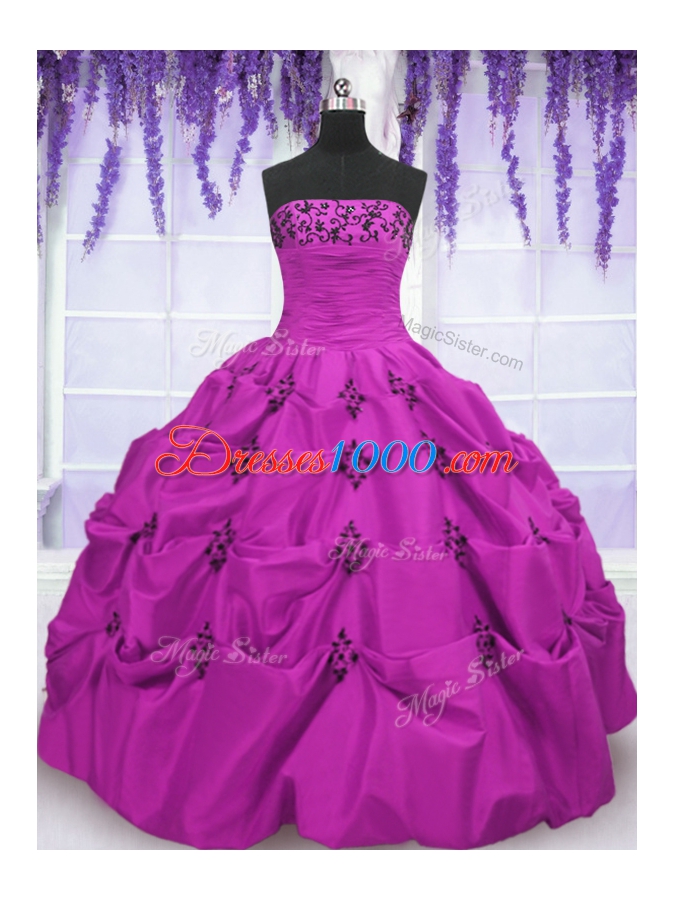 Gorgeous Fuchsia Strapless Neckline Embroidery and Pick Ups Ball Gown Prom Dress Sleeveless Lace Up