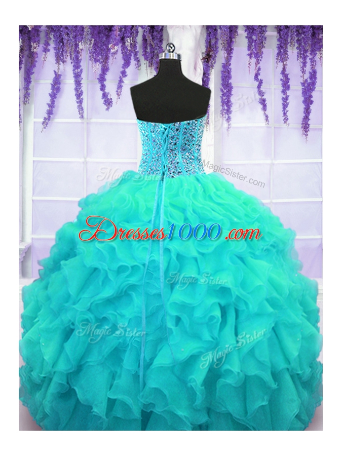 High Class Organza Sweetheart Sleeveless Lace Up Beading and Ruffles Vestidos de Quinceanera in Aqua Blue