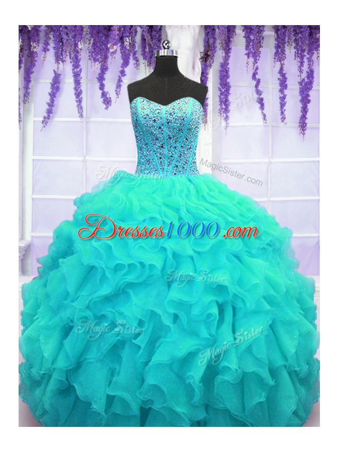 High Class Organza Sweetheart Sleeveless Lace Up Beading and Ruffles Vestidos de Quinceanera in Aqua Blue