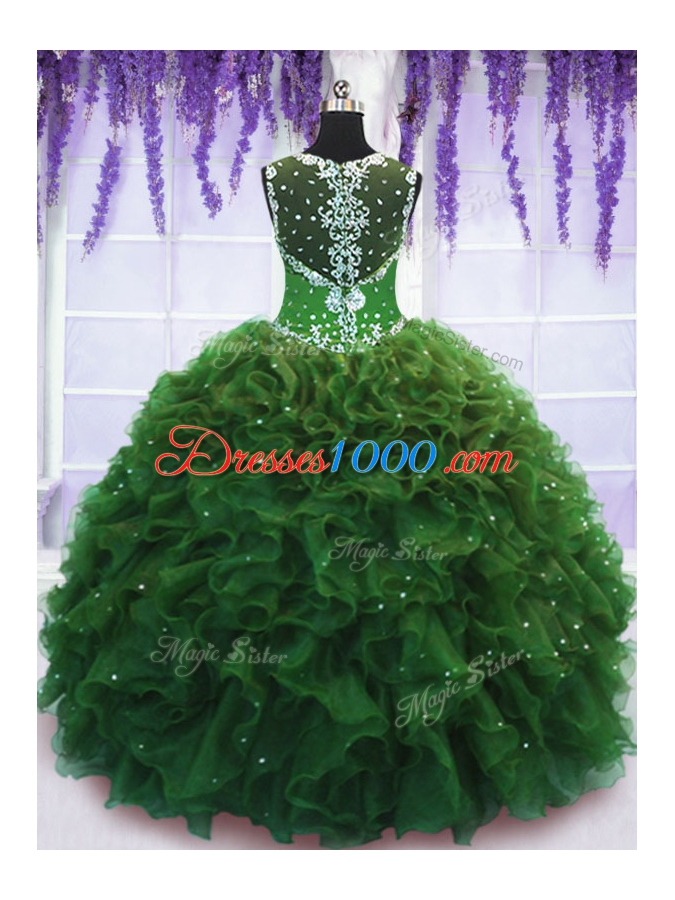 High Quality Straps Straps Floor Length Zipper Quinceanera Gowns Green and In for Military Ball and Sweet 16 and Quinceanera with Beading and Ruffles