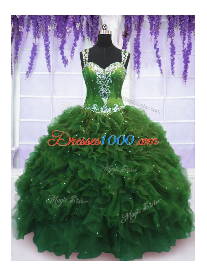 High Quality Straps Straps Floor Length Zipper Quinceanera Gowns Green and In for Military Ball and Sweet 16 and Quinceanera with Beading and Ruffles
