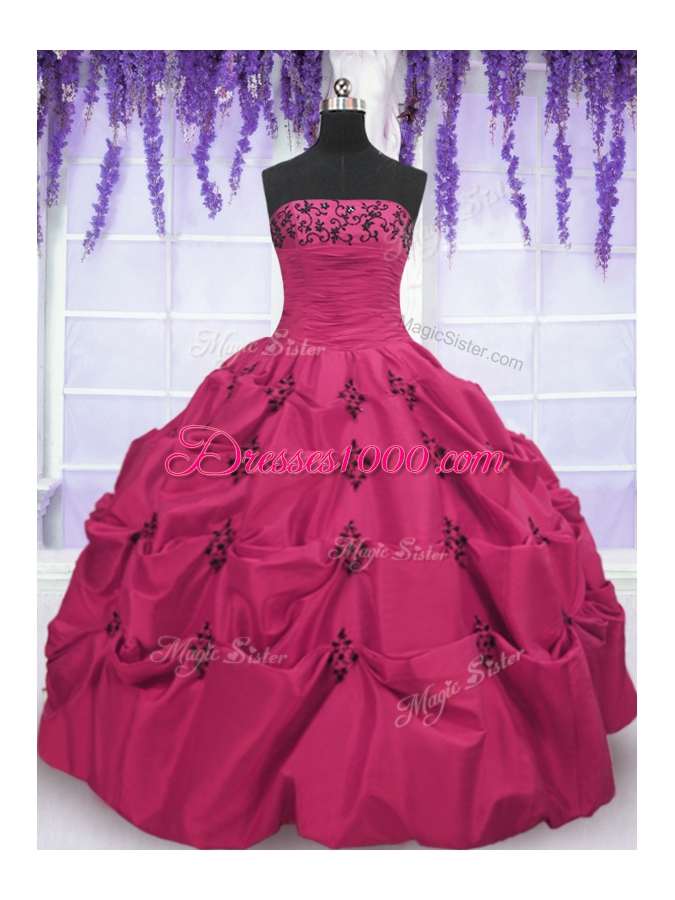 Hot Pink Strapless Neckline Embroidery and Pick Ups Quinceanera Dresses Sleeveless Lace Up