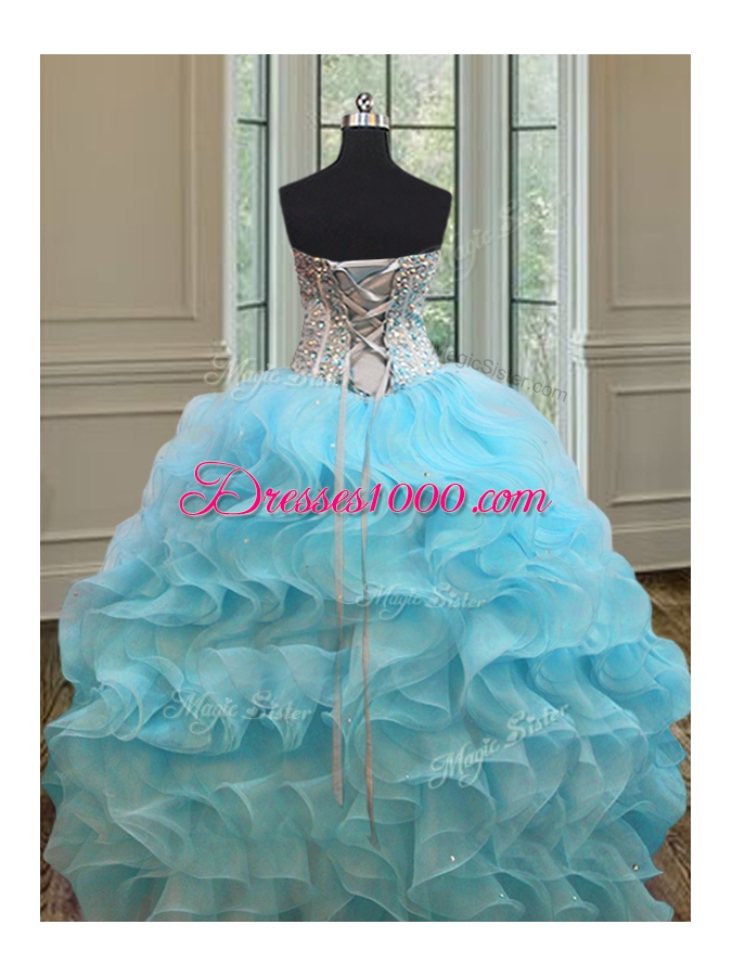 Hot Selling Sweetheart Sleeveless Lace Up Quince Ball Gowns Baby Blue Organza