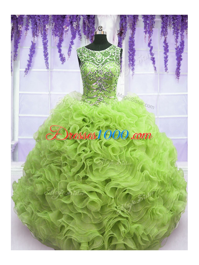 Inexpensive Scoop Sleeveless Organza Quinceanera Gown Beading and Ruffles Lace Up