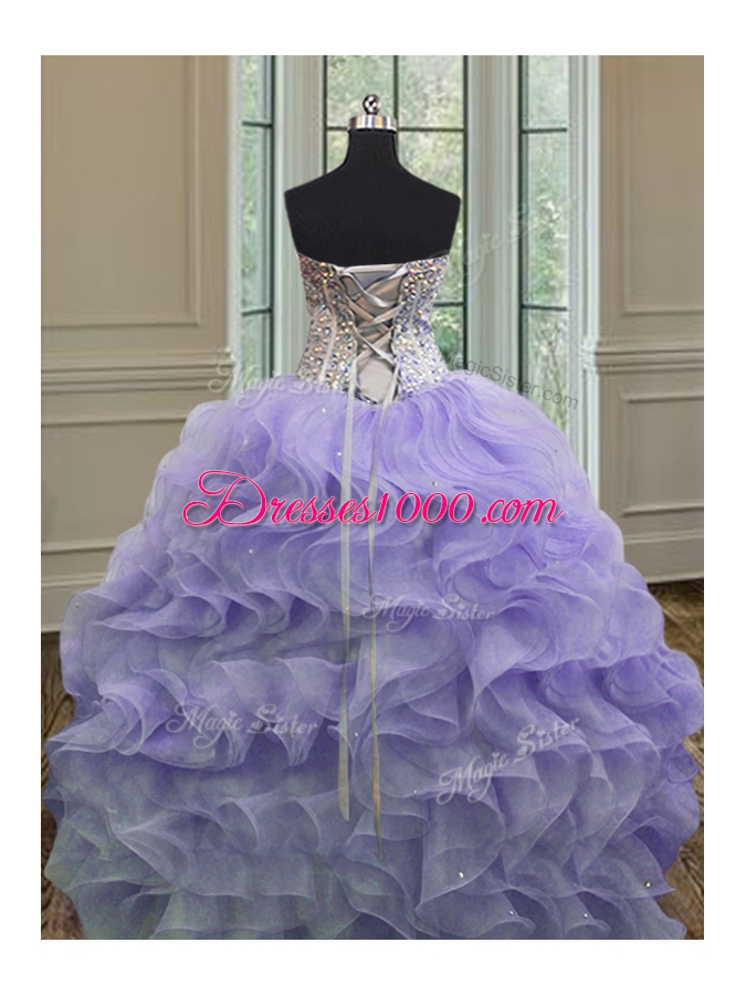 Lavender Sleeveless Floor Length Beading and Ruffles Lace Up Ball Gown Prom Dress