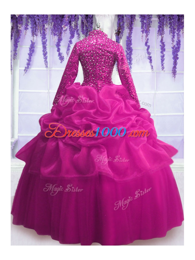 Sequins Pick Ups Floor Length Fuchsia Ball Gown Prom Dress V-neck Long Sleeves Zipper