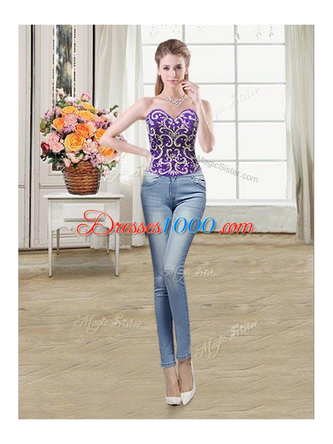 Superior Four Piece Purple Tulle Lace Up Sweet 16 Quinceanera Dress Sleeveless Floor Length Beading