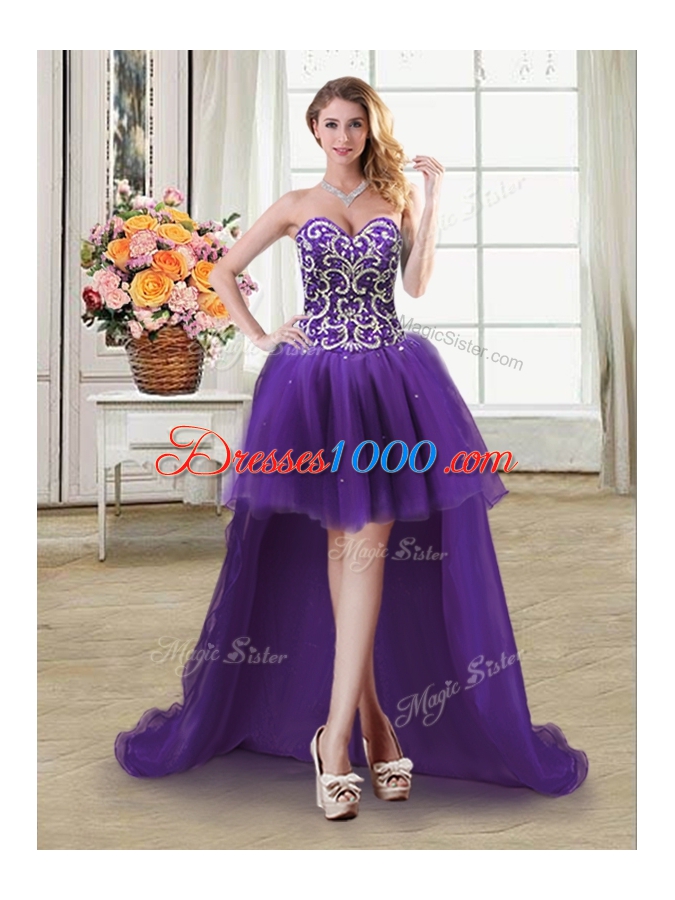 Superior Four Piece Purple Tulle Lace Up Sweet 16 Quinceanera Dress Sleeveless Floor Length Beading