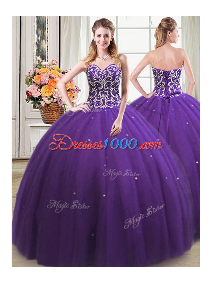 Superior Four Piece Purple Tulle Lace Up Sweet 16 Quinceanera Dress Sleeveless Floor Length Beading