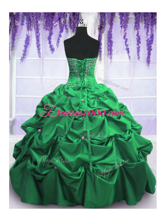 Sweet Floor Length Lace Up Quinceanera Dresses Green and In for Military Ball and Sweet 16 and Quinceanera with Beading and Pick Ups