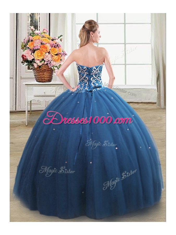 Teal Sweetheart Neckline Beading Ball Gown Prom Dress Sleeveless Lace Up