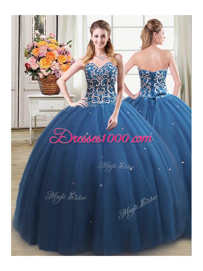 Teal Sweetheart Neckline Beading Ball Gown Prom Dress Sleeveless Lace Up