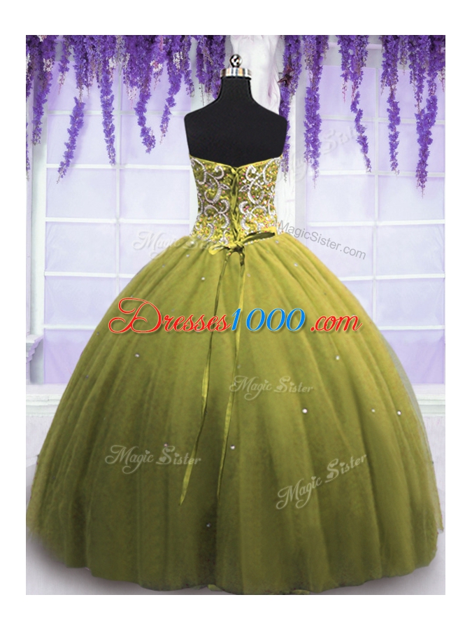 Trendy Beading and Appliques Quinceanera Gowns Olive Green Lace Up Sleeveless Floor Length