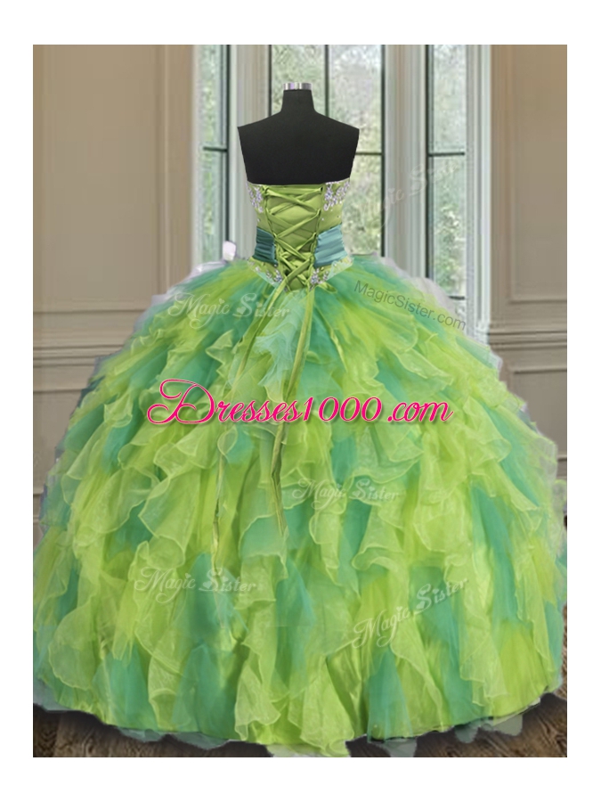 Best Sweetheart Sleeveless Quinceanera Dresses Floor Length Beading and Appliques and Ruffles and Sashes|ribbons and Hand Made Flower Multi-color Organza