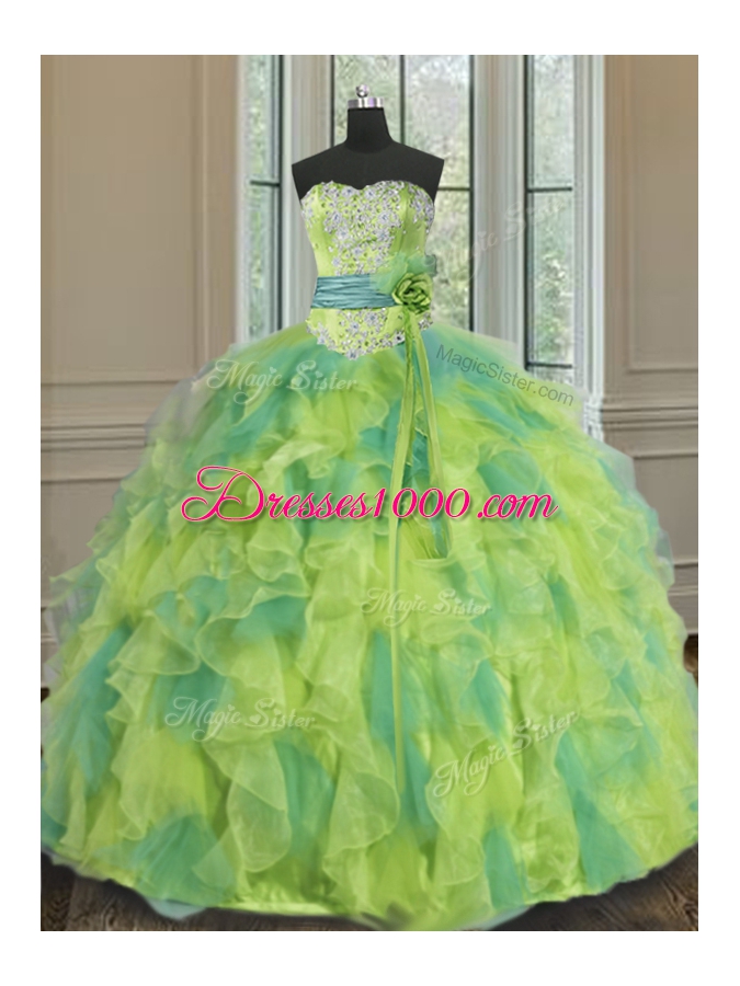 Best Sweetheart Sleeveless Quinceanera Dresses Floor Length Beading and Appliques and Ruffles and Sashes|ribbons and Hand Made Flower Multi-color Organza