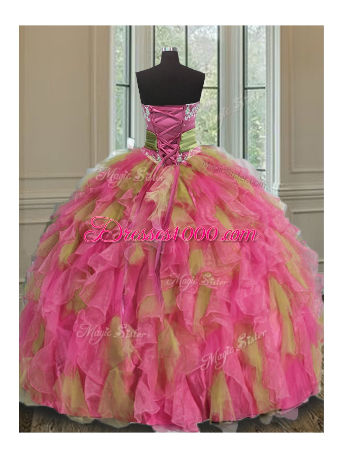 Cheap Sleeveless Organza Floor Length Lace Up Quinceanera Gown in Multi-color for with Beading and Ruffles and Sequins