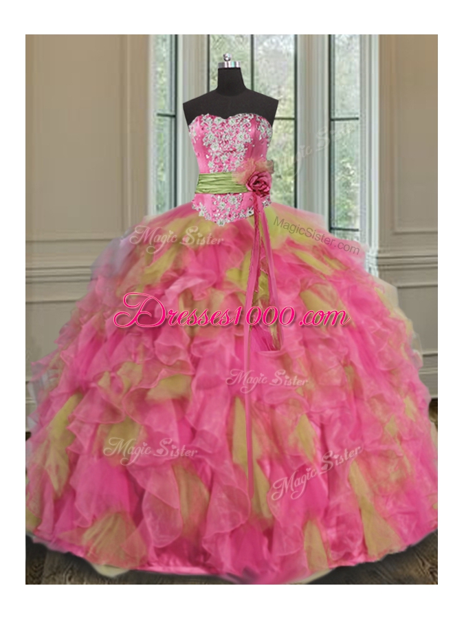 Cheap Sleeveless Organza Floor Length Lace Up Quinceanera Gown in Multi-color for with Beading and Ruffles and Sequins