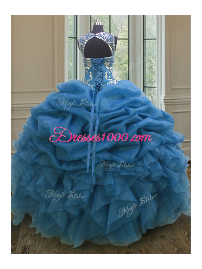 Classical Blue Scoop Neckline Beading and Ruffles and Pick Ups Quinceanera Dresses Sleeveless Lace Up