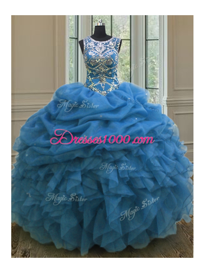 Classical Blue Scoop Neckline Beading and Ruffles and Pick Ups Quinceanera Dresses Sleeveless Lace Up