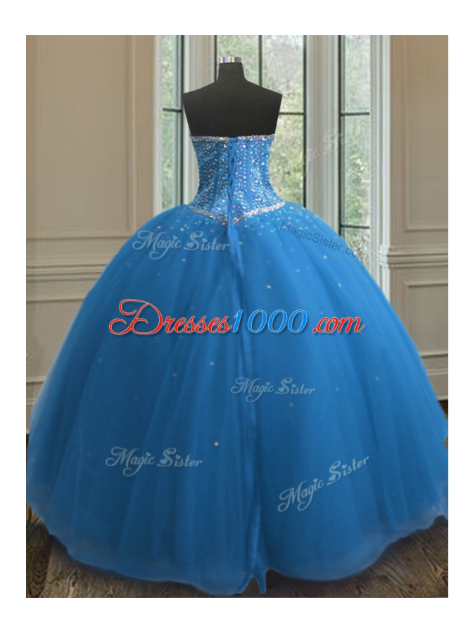 Elegant Tulle Sweetheart Sleeveless Lace Up Beading and Sequins Sweet 16 Quinceanera Dress in Blue