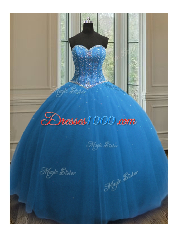 Elegant Tulle Sweetheart Sleeveless Lace Up Beading and Sequins Sweet 16 Quinceanera Dress in Blue