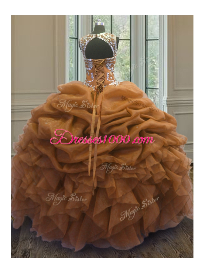 Flirting Scoop Sleeveless Organza Quinceanera Dress Beading and Ruffles and Pick Ups Lace Up