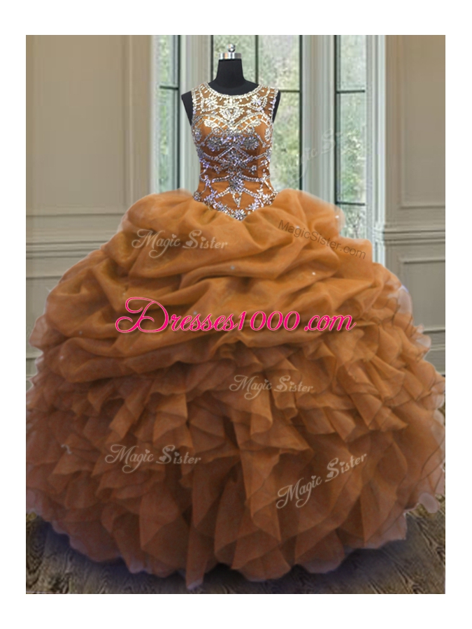 Flirting Scoop Sleeveless Organza Quinceanera Dress Beading and Ruffles and Pick Ups Lace Up