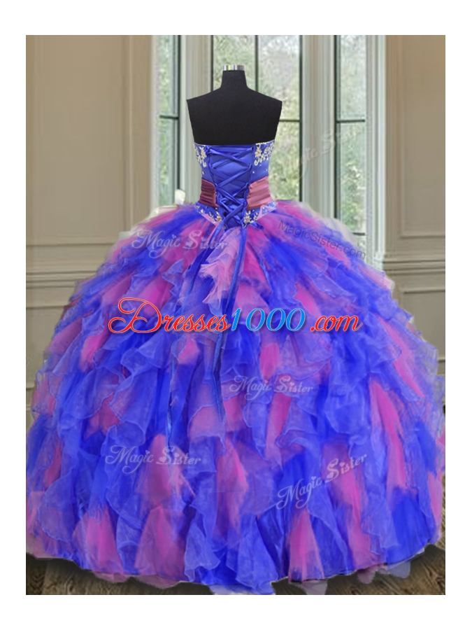 Floor Length Multi-color Ball Gown Prom Dress Organza Sleeveless Beading and Appliques and Ruffles and Sashes|ribbons and Hand Made Flower