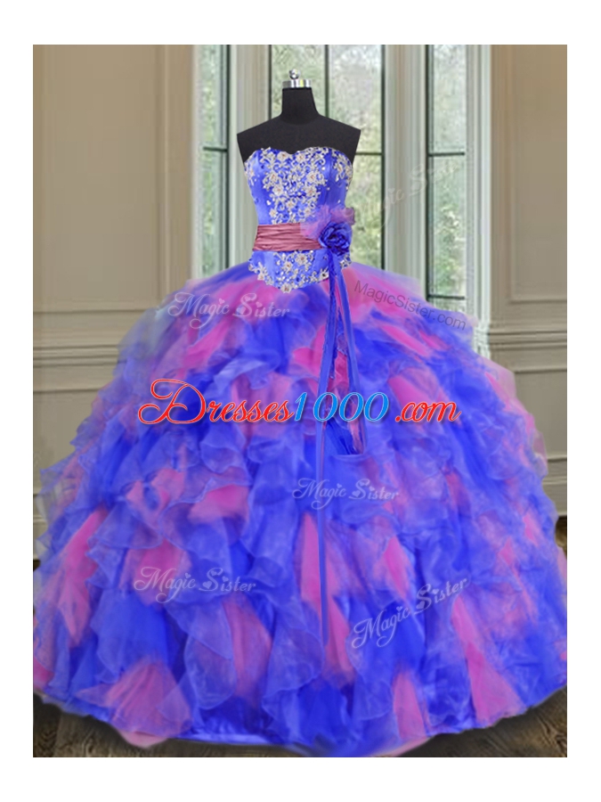 Floor Length Multi-color Ball Gown Prom Dress Organza Sleeveless Beading and Appliques and Ruffles and Sashes|ribbons and Hand Made Flower
