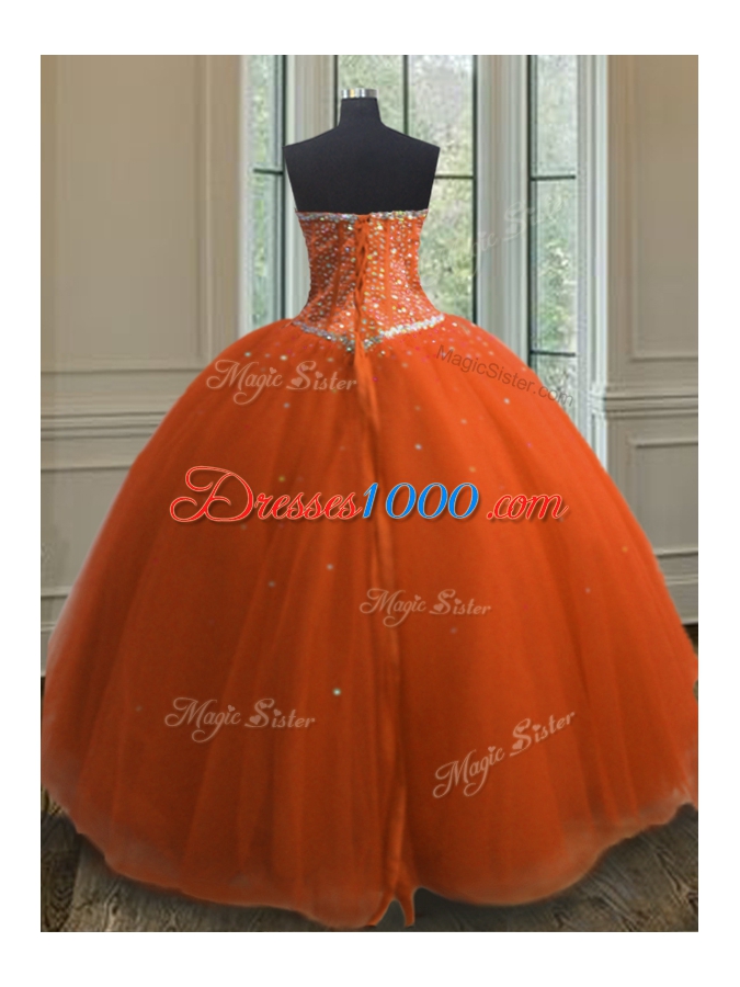 Free and Easy Sequins Orange Red Sleeveless Tulle Lace Up Sweet 16 Dresses for Military Ball and Sweet 16 and Quinceanera