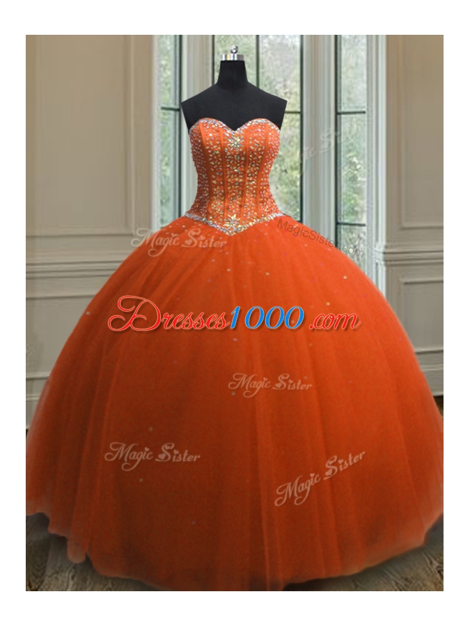 Free and Easy Sequins Orange Red Sleeveless Tulle Lace Up Sweet 16 Dresses for Military Ball and Sweet 16 and Quinceanera