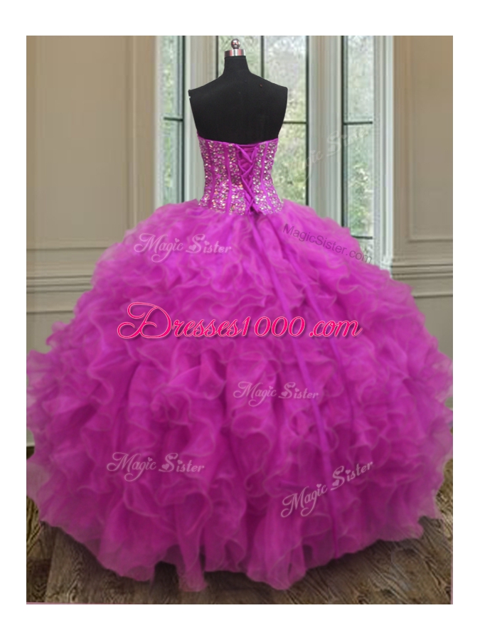Fuchsia Sleeveless Beading and Ruffles Floor Length Quinceanera Gowns