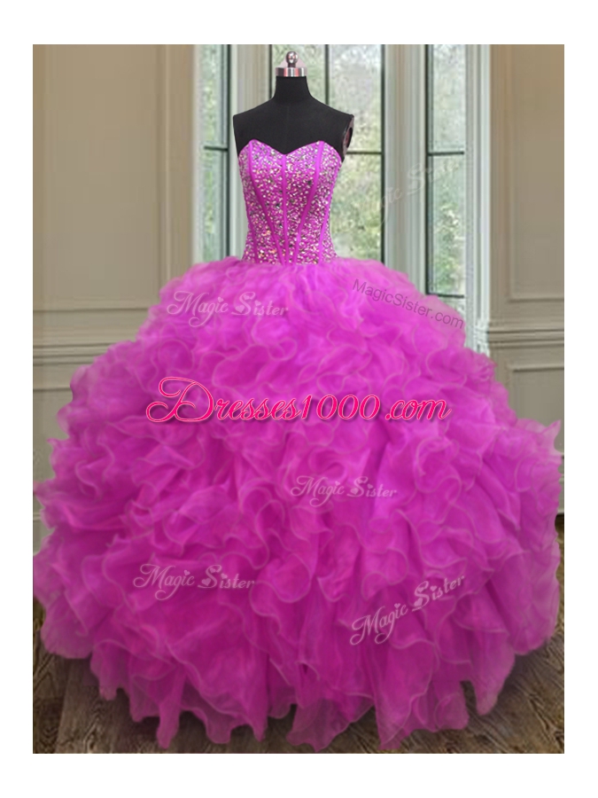 Fuchsia Sleeveless Beading and Ruffles Floor Length Quinceanera Gowns