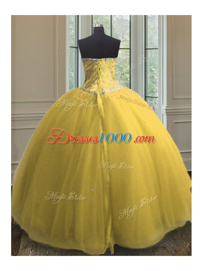 Great Gold Sleeveless Beading and Sequins Floor Length Quinceanera Dress