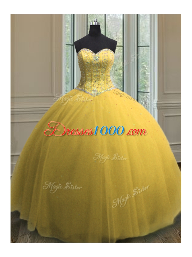 Great Gold Sleeveless Beading and Sequins Floor Length Quinceanera Dress